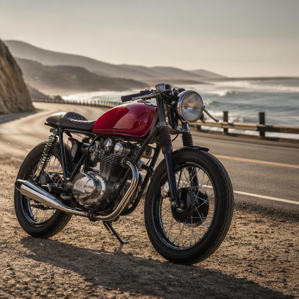 Ultra-realistic red vintage chopper motorcycle, three-quarter front view, parked on a coastal highway in cinematic light.