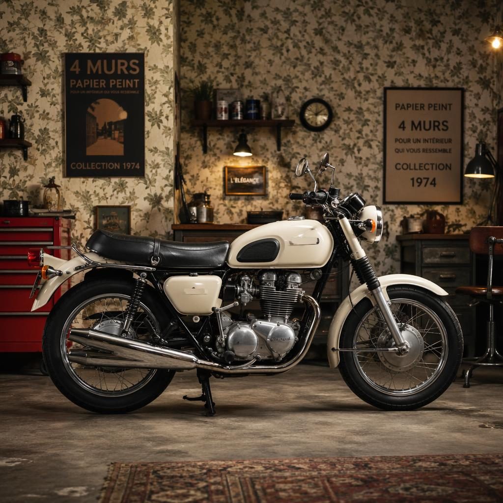 Moto standard classique crème des années 70 de profil dans un garage atelier avec 4 murs papier peint décoratif
