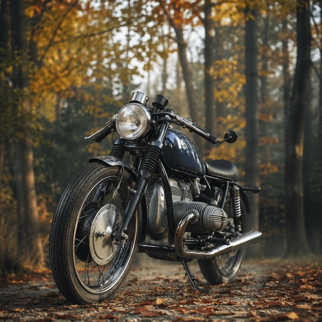 Ultra-realistic vintage cafe racer motorcycle in midnight blue, shot low in an autumn forest with cinematic lighting.