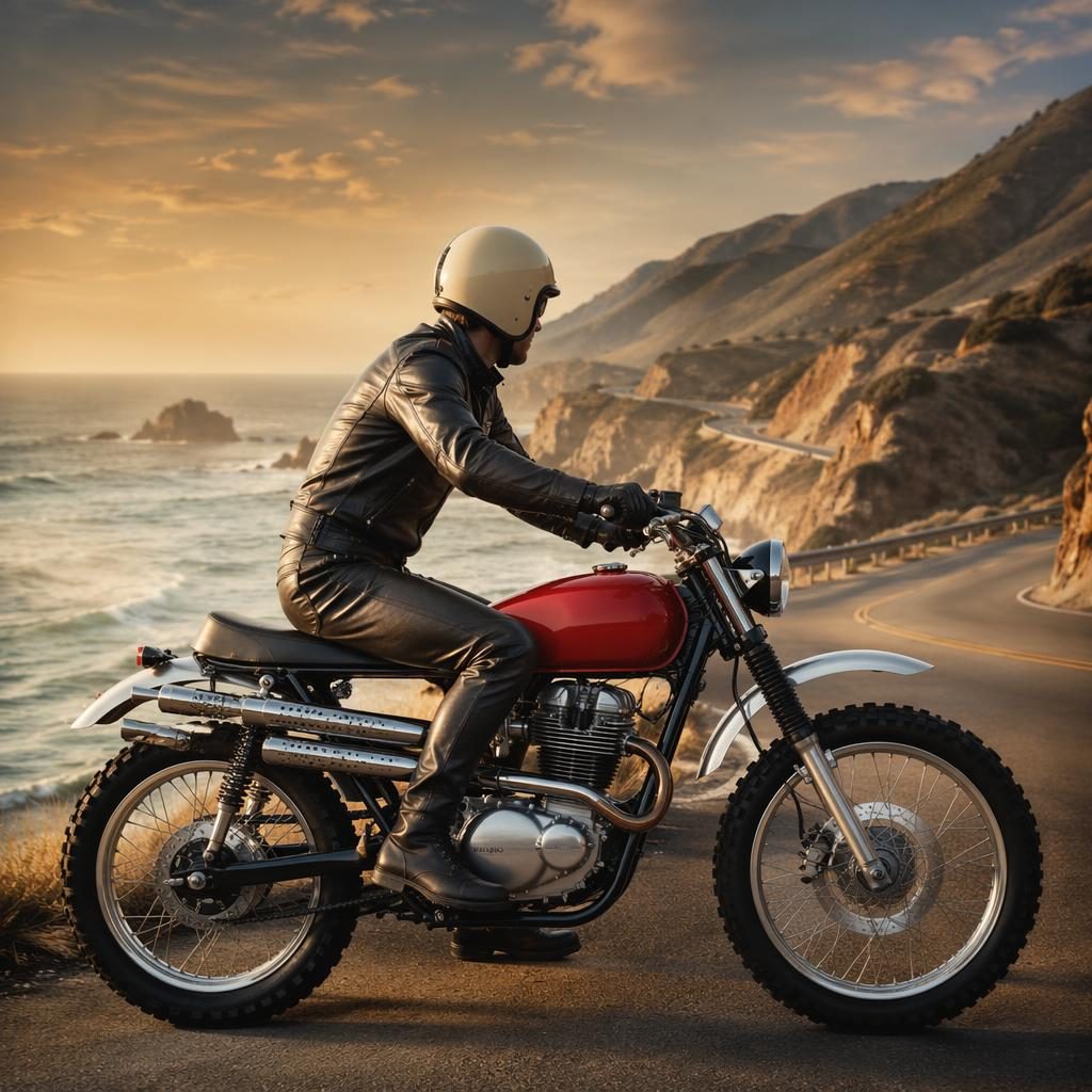 Side profile of a vintage red scrambler motorcycle on a coastal highway with cinematic lighting and sharp chrome details.