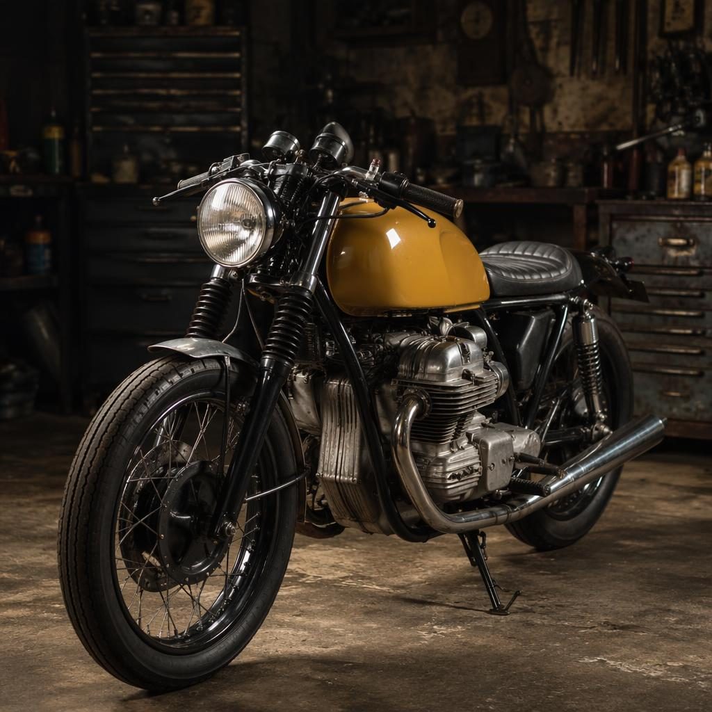 Vintage motocykl ve stylu 40. let s hořčicově žlutou nádrží, záběr zepředu ze tří čtvrtin v dílně