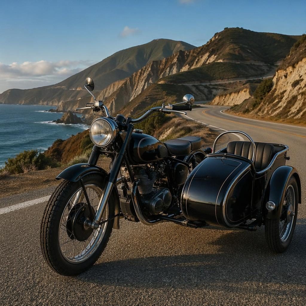 Ultra-realistic 1950s-style sidecar touring motorcycle with black tank on a coastal highway, three-quarter front view