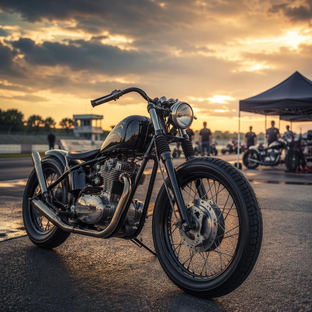 Ultra-realistic vintage black scooter, three-quarter front view in a race paddock with cinematic poster lighting.