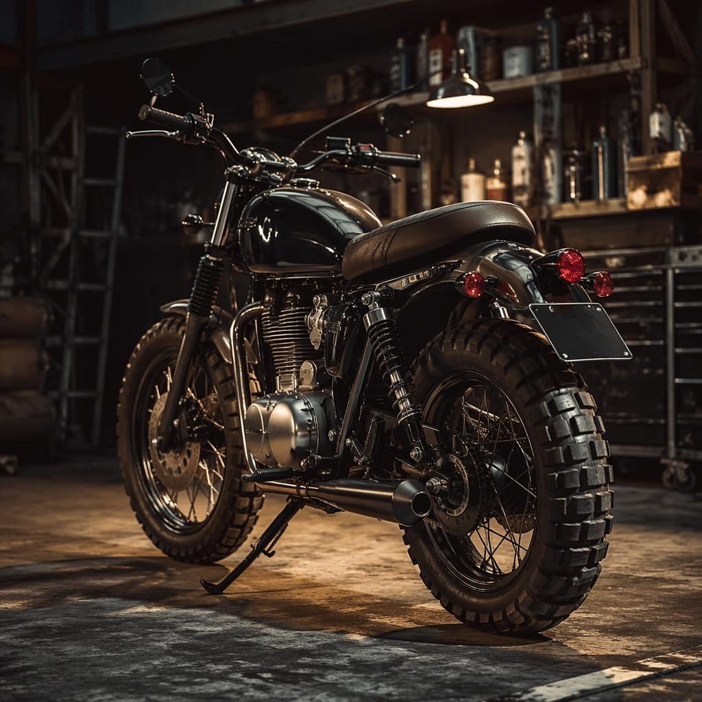 Black 1990s-style scrambler motorcycle shown from rear three-quarter view in a workshop garage with cinematic lighting