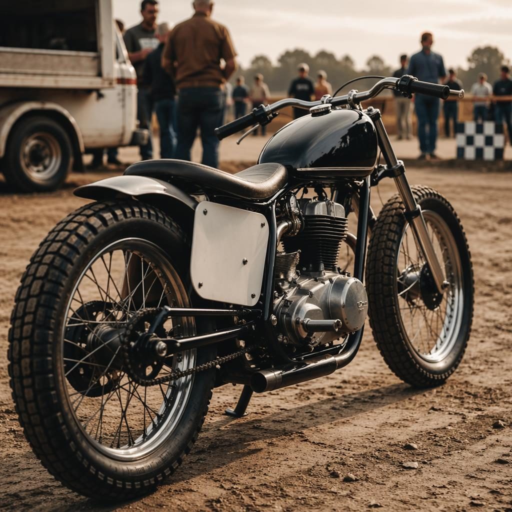 Černý retro motocykl ve stylu flat tracker 50. let, záběr zezadu ze tří čtvrtin, závodní paddock