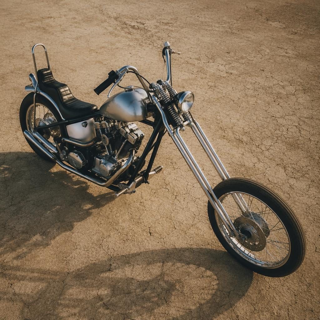 Overhead view of a silver vintage cafe racer motorcycle on desert flats with cinematic lighting and sharp reflections.