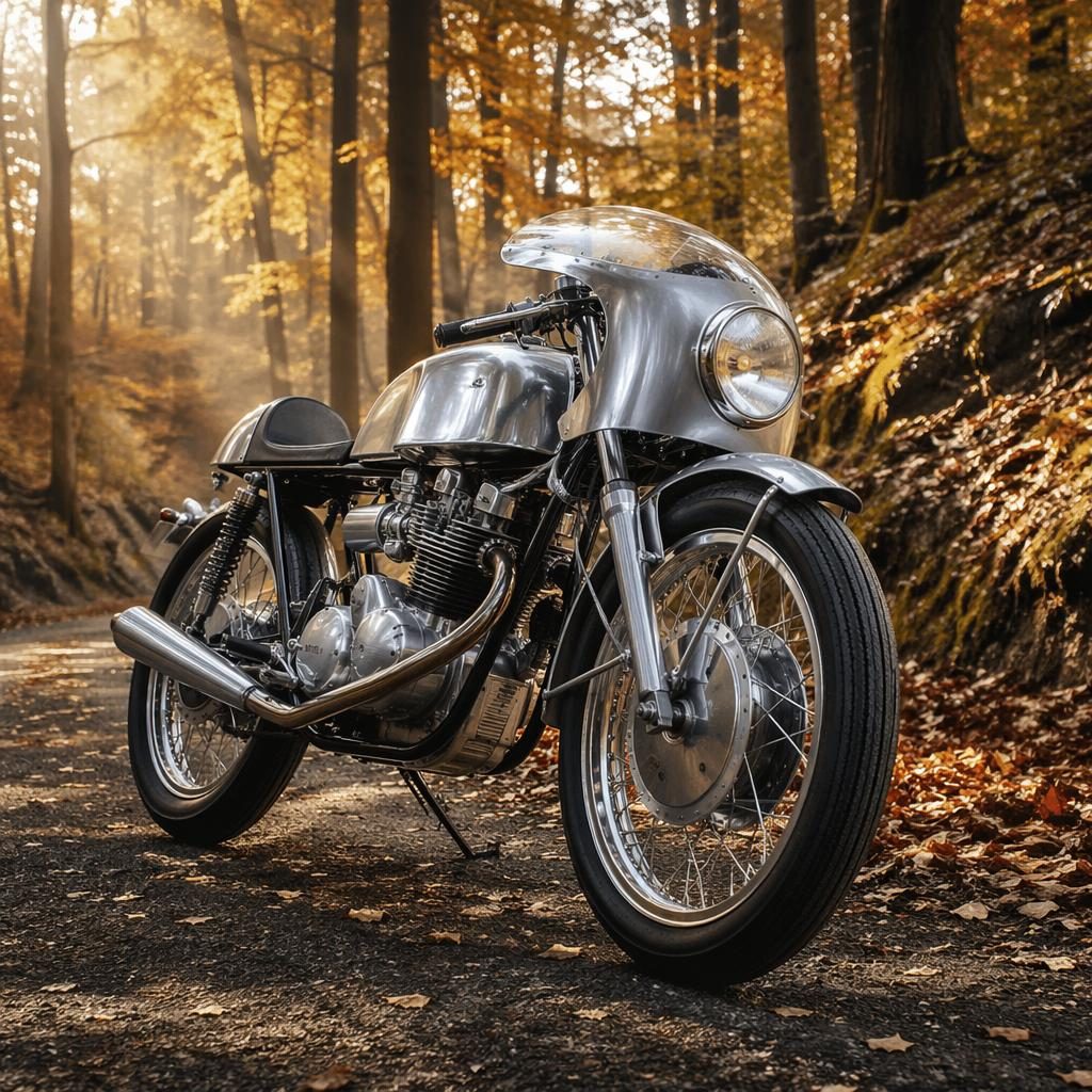Ultra-realistic retro futurist bobber motorcycle with silver tank, front three-quarter view, parked in an autumn forest