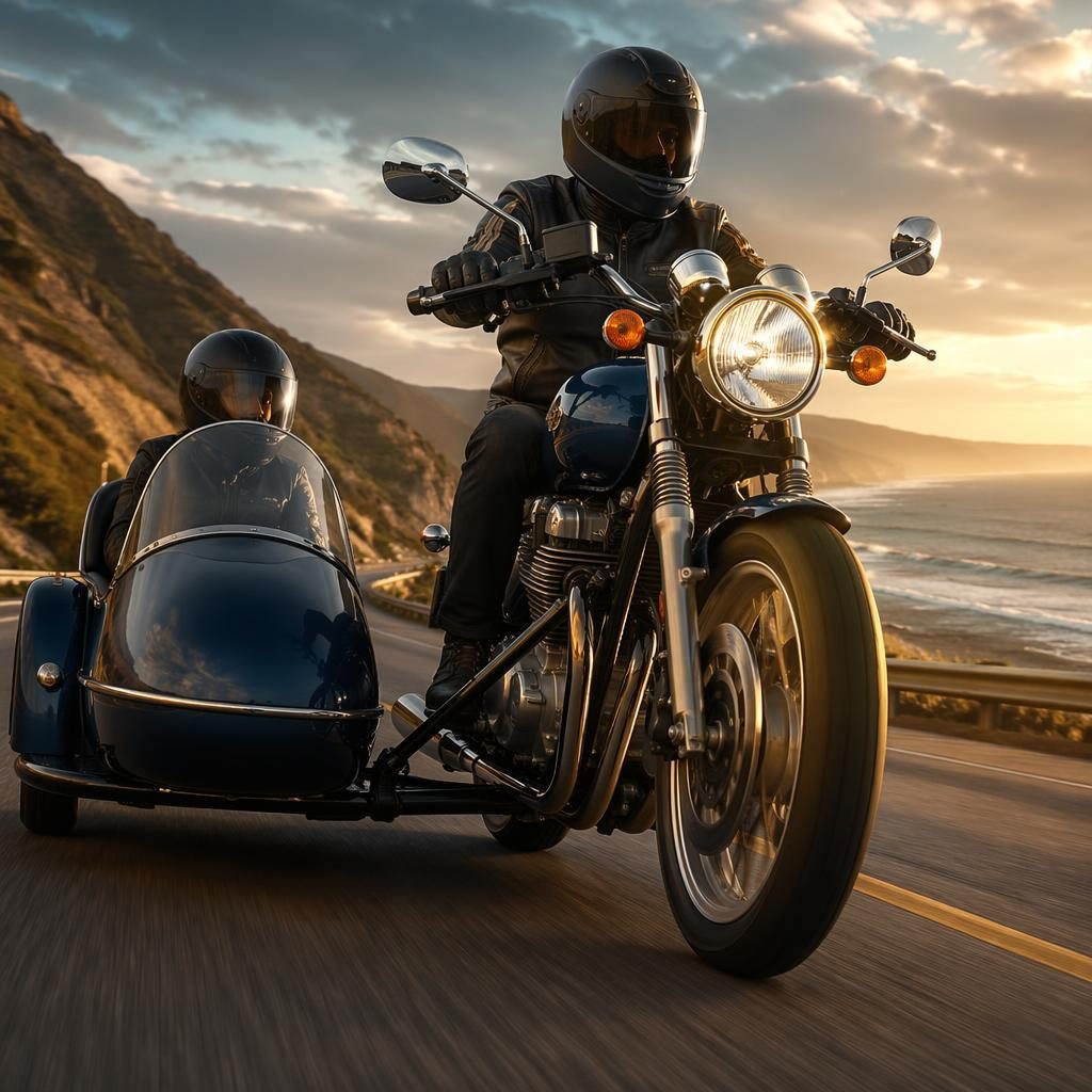 Ultra-realistic midnight blue 1990s-style sidecar touring motorcycle shot low on a coastal highway with cinematic light