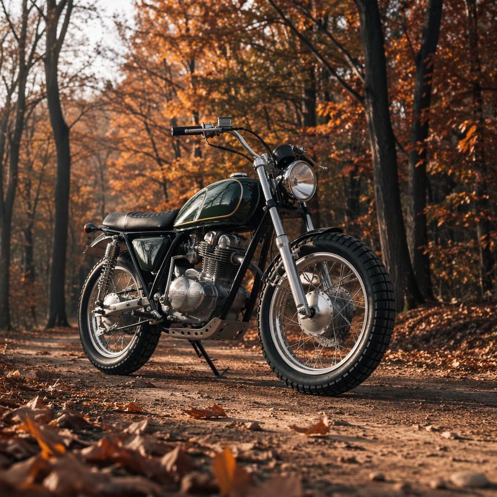 1980s enduro motorcycle, british racing green tank, low front camera, autumn forest. Generic unbranded period-correct de