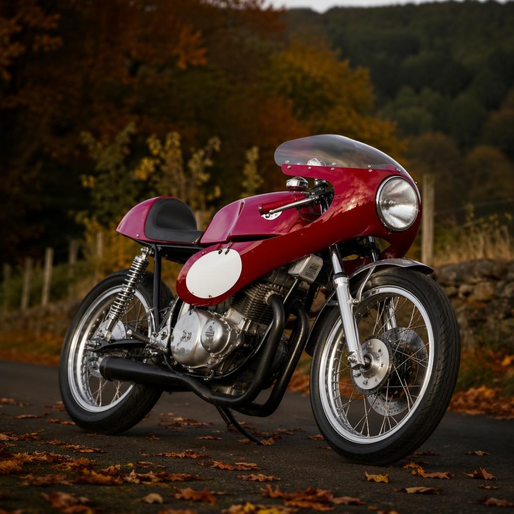 Red vintage tracker motorcycle in three-quarter front view on a forest road with cinematic lighting and sharp metal detail.