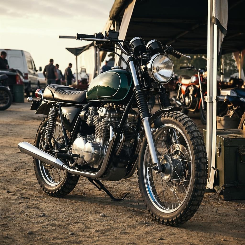 Ultra-realistic 1980s scrambler motorcycle in british racing green, three-quarter front view in a race paddock.