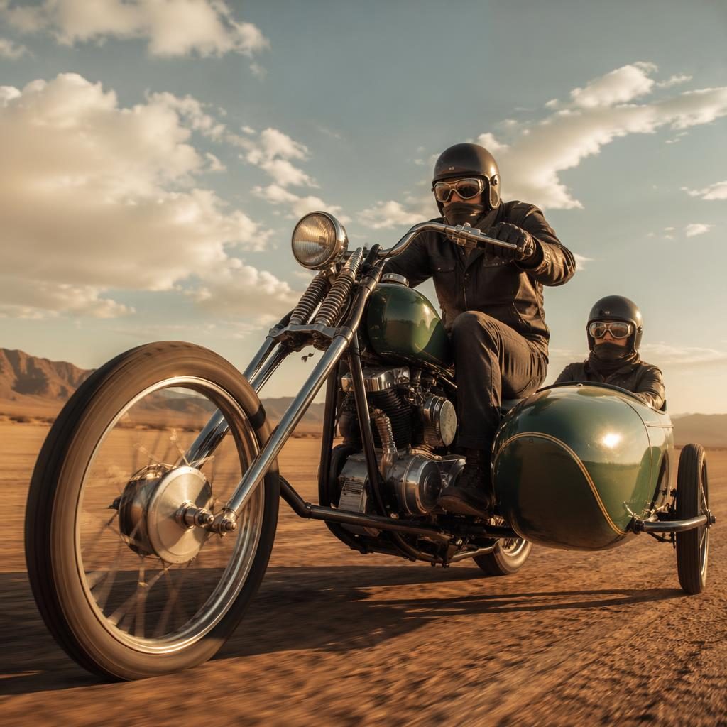 Ultra-realistic 1960s sidecar chopper motorcycle in british racing green on desert flats, shot low with cinematic light