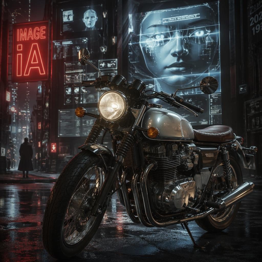Moto classique argentée vue trois quarts avant dans une rue urbaine néon, style affiche vintage futuriste.