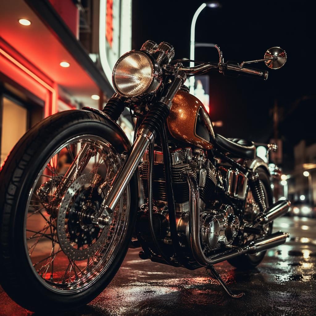 Retro-futurist unbranded 70s-style chrome bobber motorcycle with copper tank on a neon-lit urban street, low angle