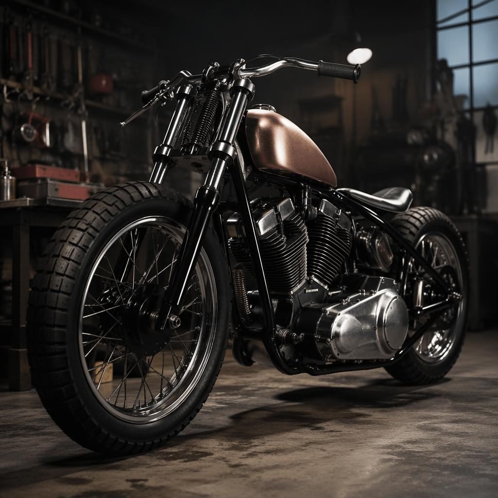 Ultra-realistic 1960s-style flat track motorcycle with copper tank in a workshop garage, shot from a low front angle.