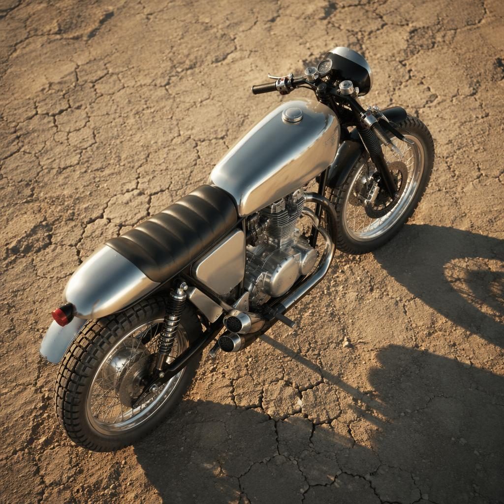 Stříbrný retro futuristický motocykl desert sled ze 60. let focený shora na solné poušti, bez log a jezdců.