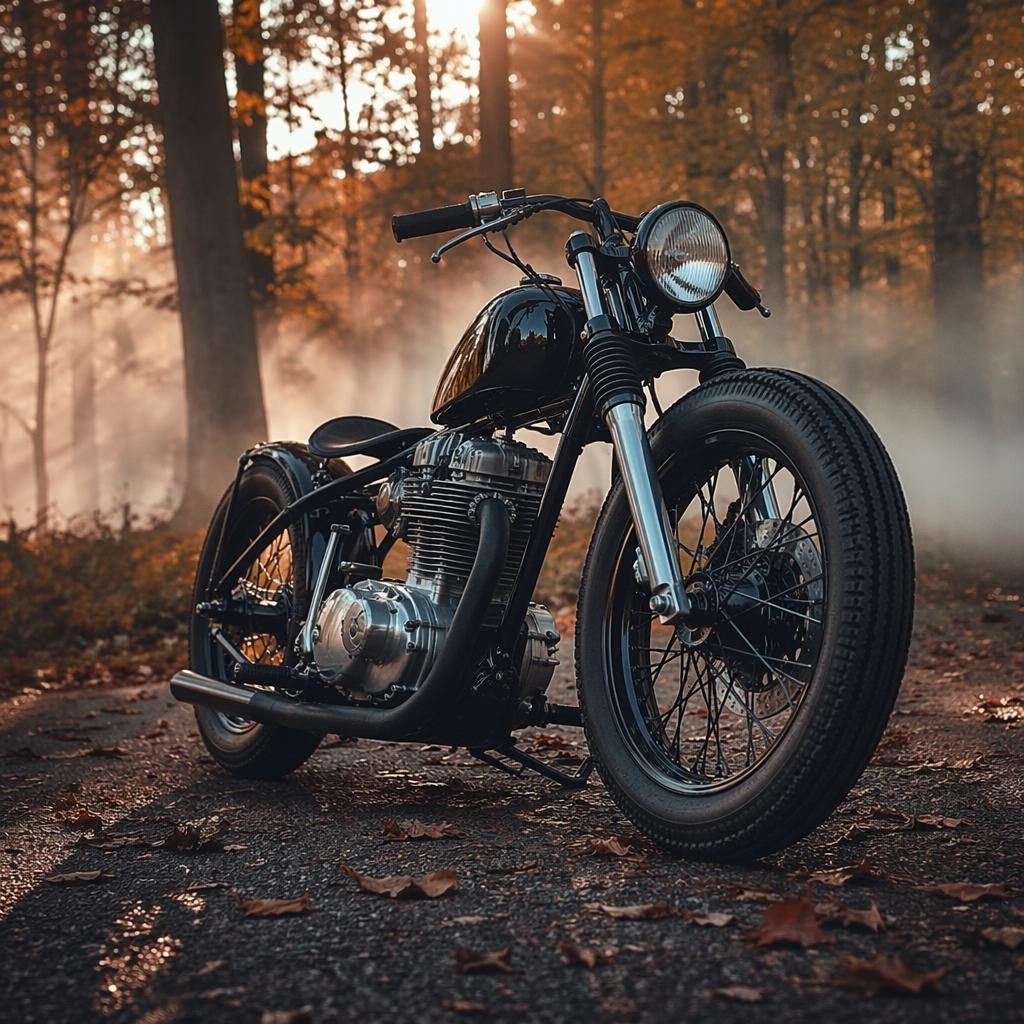 Černý bobber motocykl ve stylu 40. let, focený z nízkého úhlu v podzimním lese, s filmovým světlem.