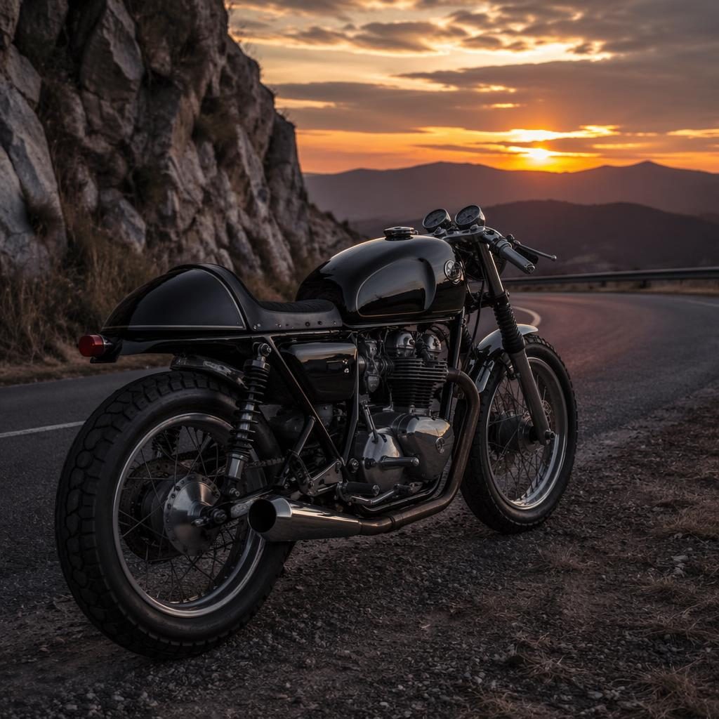 Ultra-realistic 1950s cafe racer motorcycle with black tank, rear three-quarter view on a mountain road at dusk