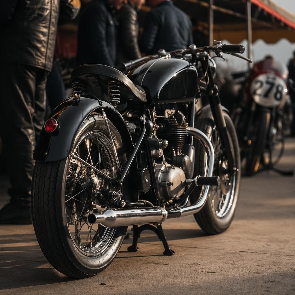 Ultra-realistic 1950s-style black cafe racer motorcycle from a three-quarter rear view in a race paddock