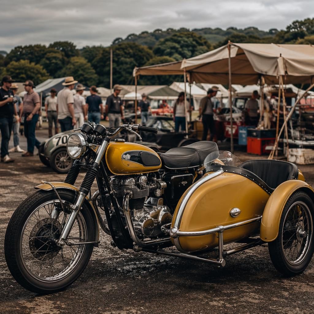 Vintage sidecar tourer ze 70. let se žlutou nádrží, boční profil, závodní paddock a filmové nasvícení.