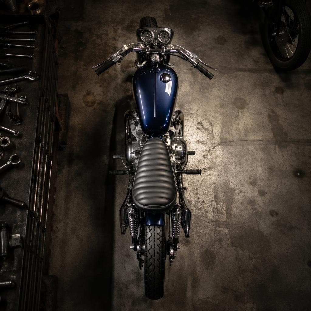 Overhead view of a midnight blue vintage-style motorcycle in a workshop garage with cinematic lighting and sharp reflections.