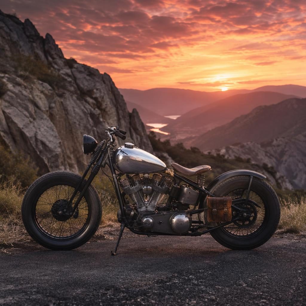 Side-profile retro futurist bobber motorcycle with silver tank on a mountain road at dusk, poster-lit and unbranded.