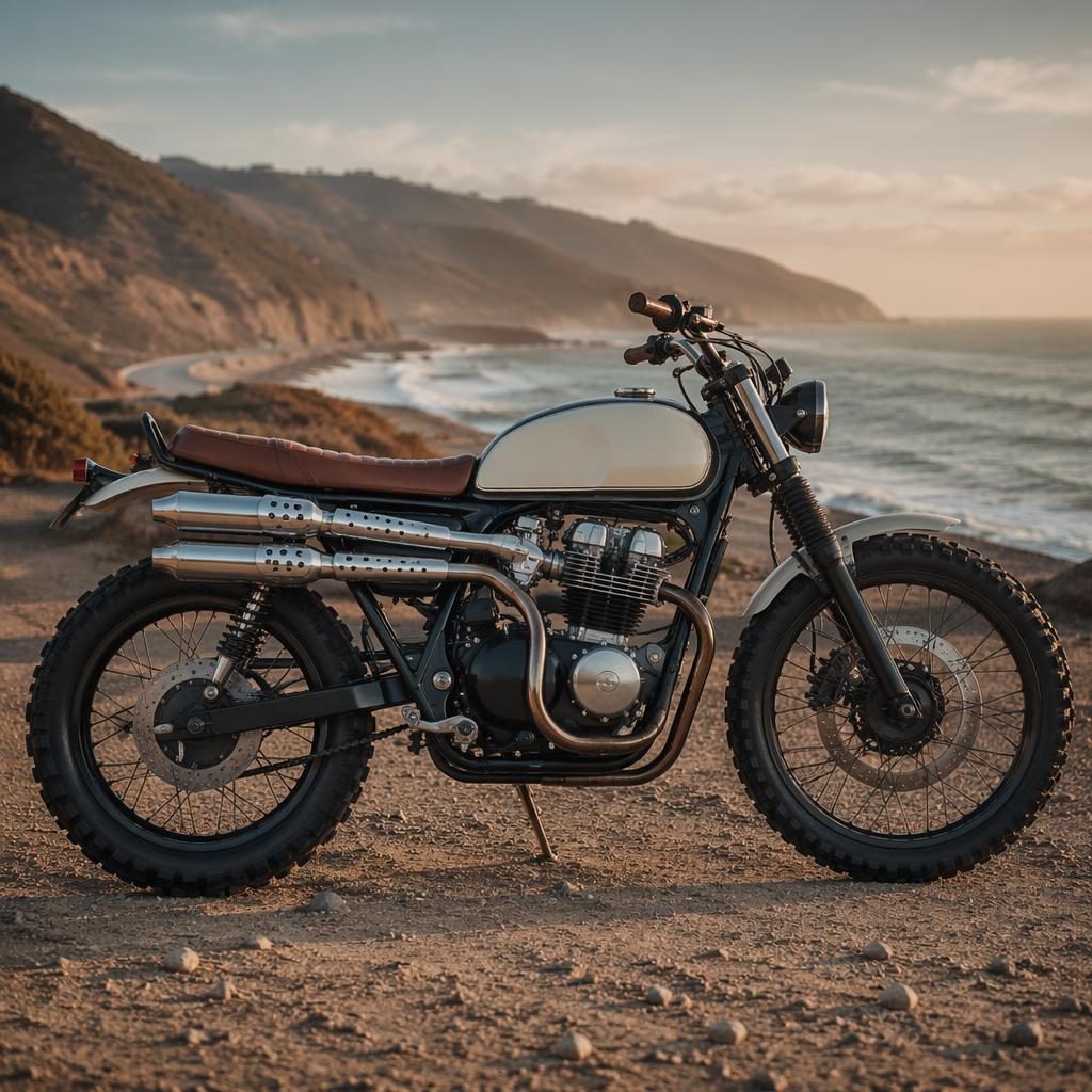 Krémový retro scrambler motocykl z boku na pobřežní silnici, filmové světlo, ostré kovové odlesky.