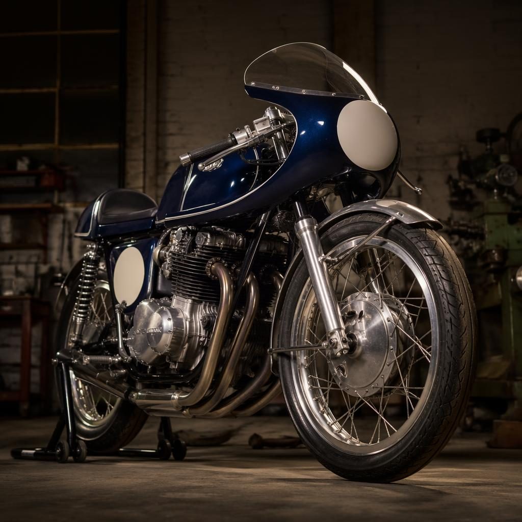Ultra-realistic vintage scrambler motorcycle with midnight blue tank, shot low in a workshop garage with cinematic lighting.