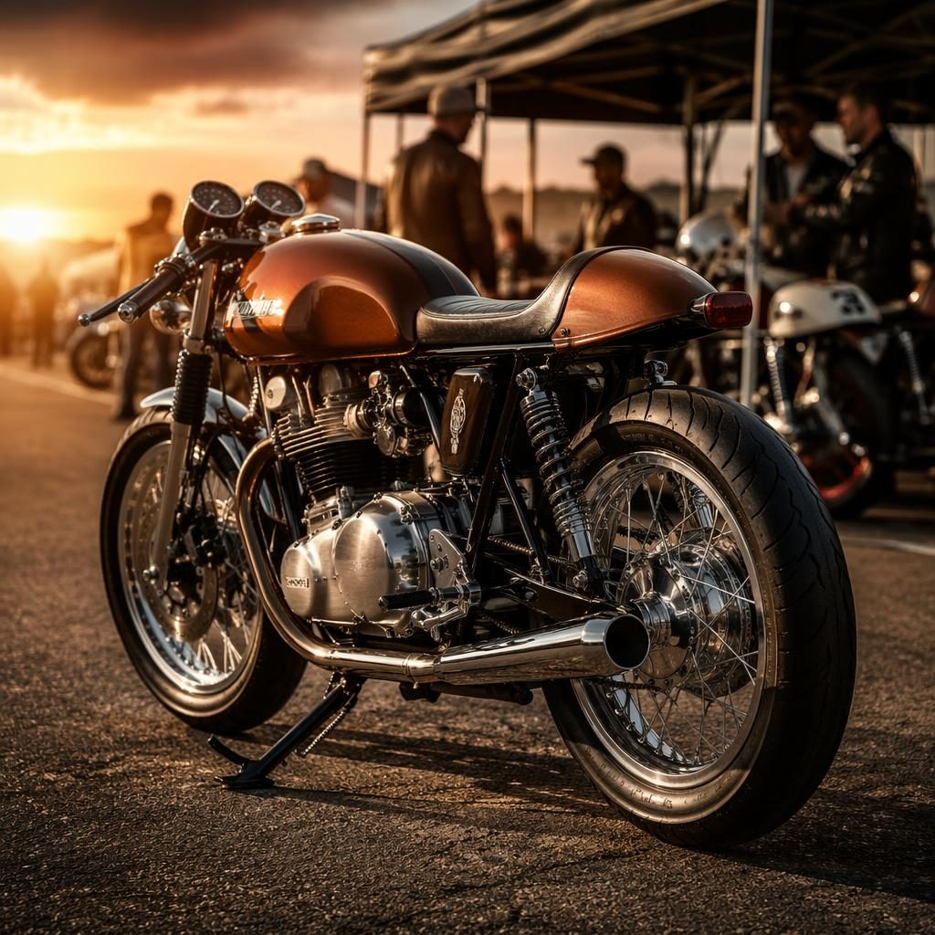 Vintage tracker motocykl s měděnou nádrží v tříčtvrtečním zadním pohledu v paddocku, s chromem a filmovým světlem