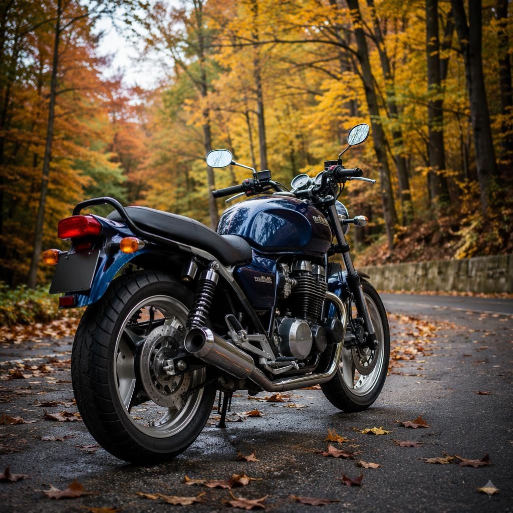 Midnight blue 1990s sport touring motorcycle from rear three-quarter view in an autumn forest, cinematic lighting