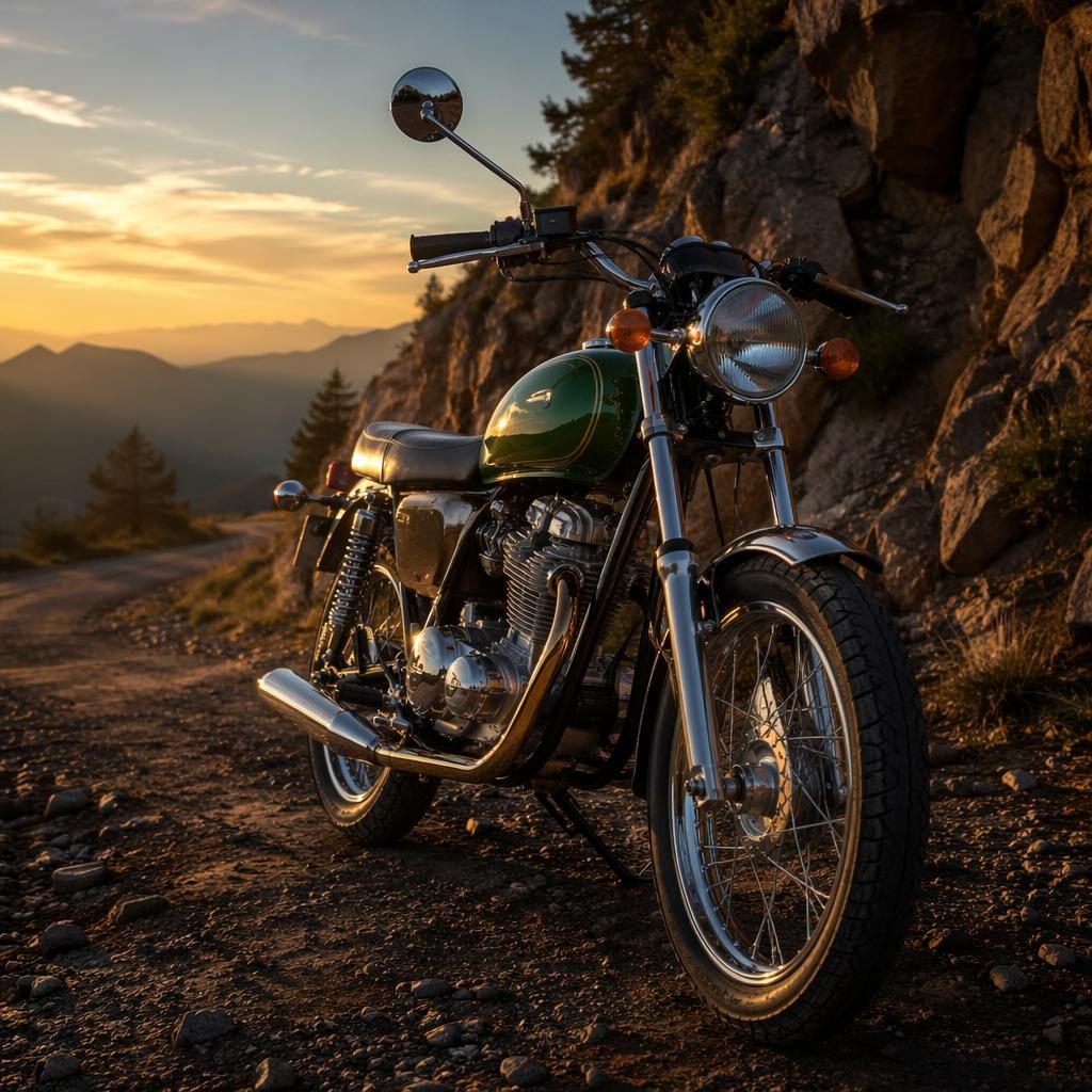 Ultra-realistic vintage enduro motorcycle in british racing green on a mountain road at dusk, three-quarter front view