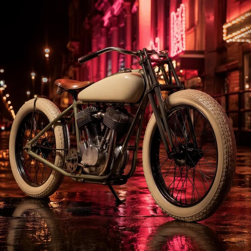Ultra-realistic 1920s board track racer motorcycle with cream tank on a neon-lit urban street, three-quarter front view