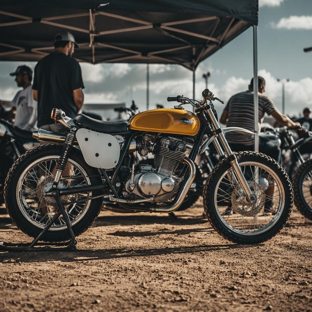 Vintage enduro motocykl z 50. let se žlutou nádrží, boční profil, paddock, filmové světlo, realistický plakát