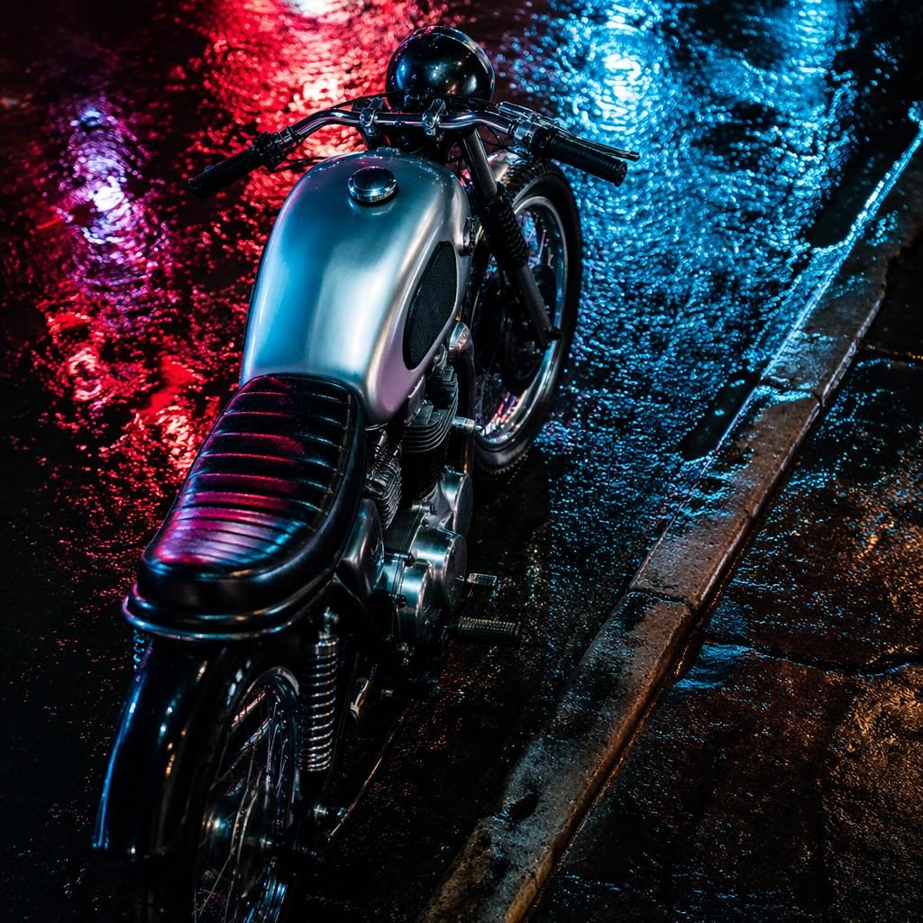 Overhead view of a silver 1960s tracker motorcycle on a neon-lit urban street, with cinematic reflections.