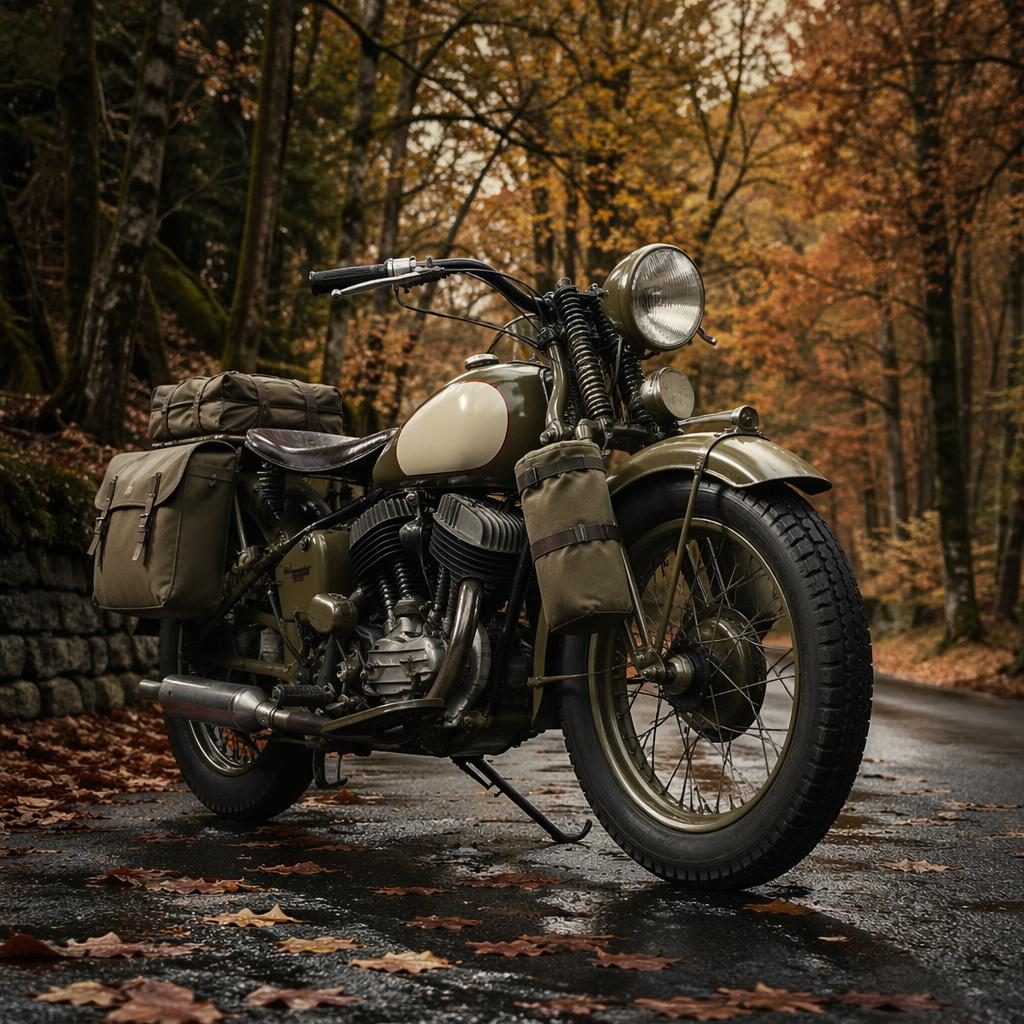 Ultra-realistic retro futurist tourer motorcycle with cream tank in an autumn forest, three-quarter front view.