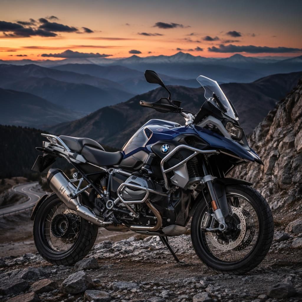 Side profile of a generic 1990s-style tracker motorcycle with midnight blue tank on a mountain road at dusk.