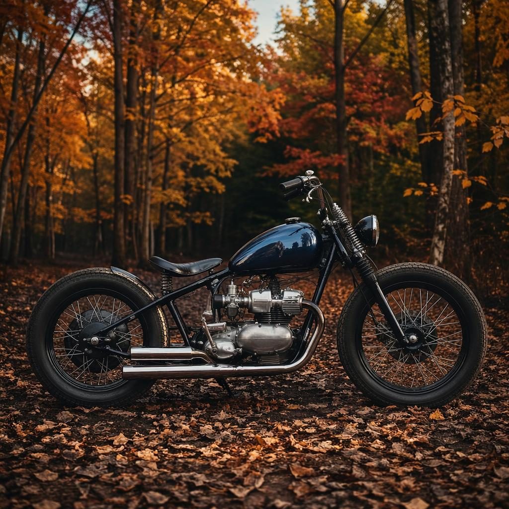 Side profile of a 1970s-style unbranded bobber motorcycle in midnight blue in an autumn forest with cinematic lighting.