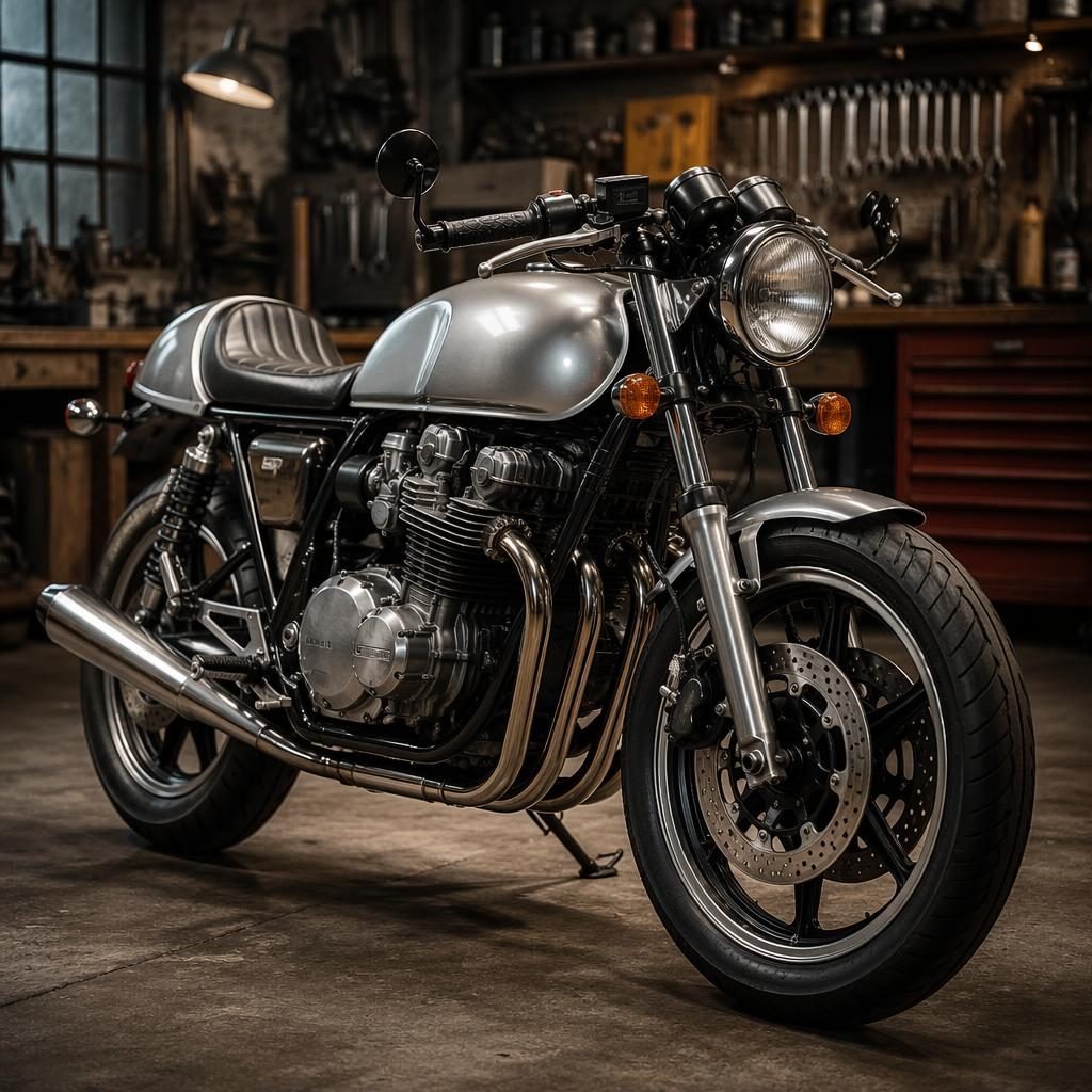 Stříbrný scrambler motocykl ve stylu 80. let, záběr zepředu ze tří čtvrtin v dílně s filmovým světlem.
