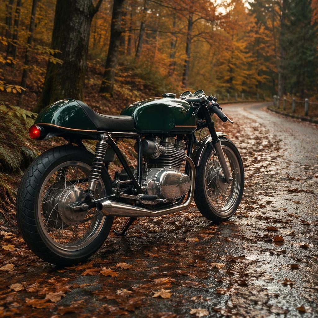 Motocykl ve stylu cafe racer z 80. let, zelená nádrž, záběr zezadu ze tří čtvrtin v podzimním lese.