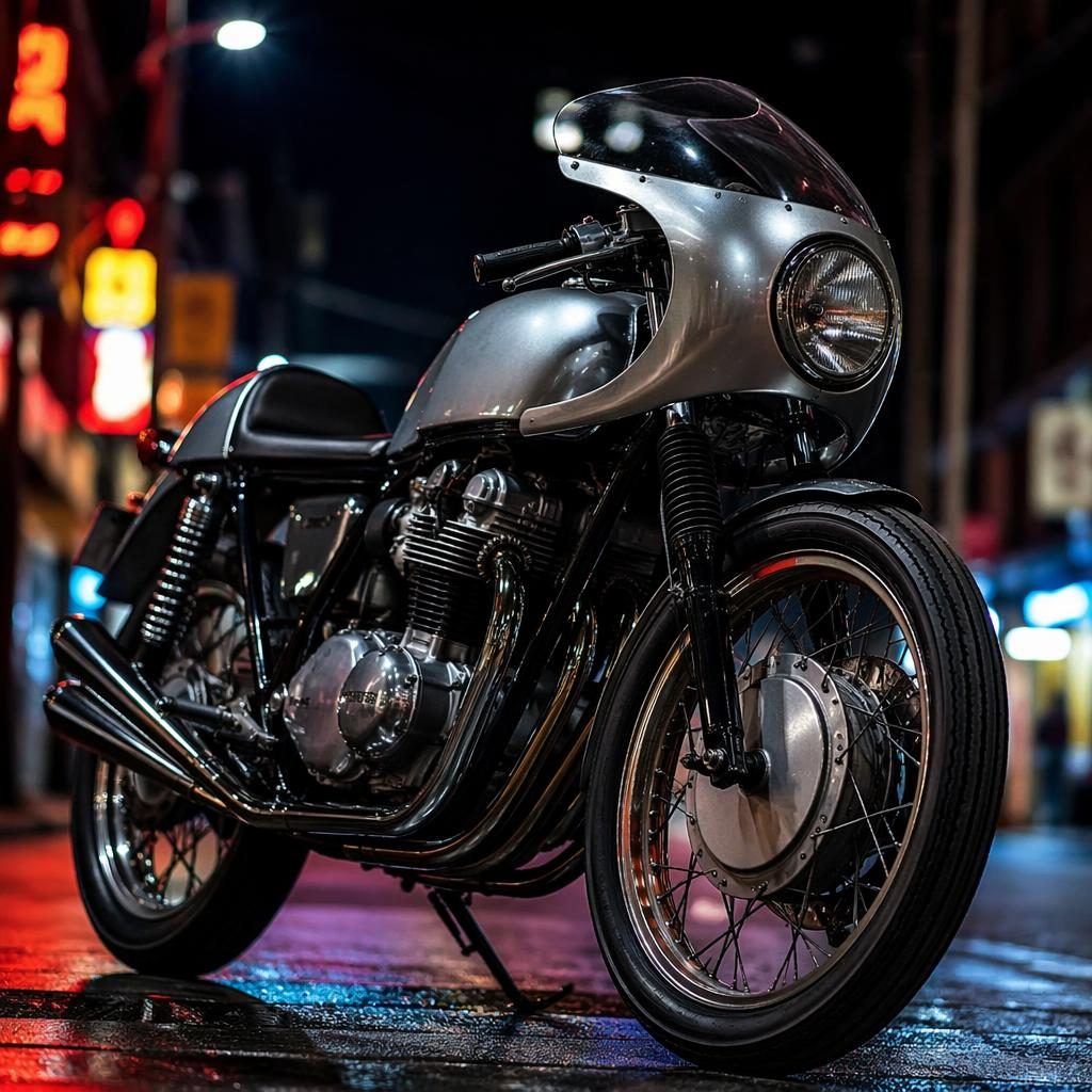 Ultra-realistic 1960s chopper motorcycle with silver tank shot low on a neon-lit urban street at night.