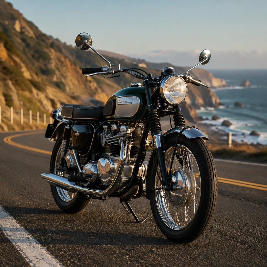 Motocicleta clásica tipo estándar inspirada en los años 60, verde británico, vista frontal tres cuartos en carretera costera.
