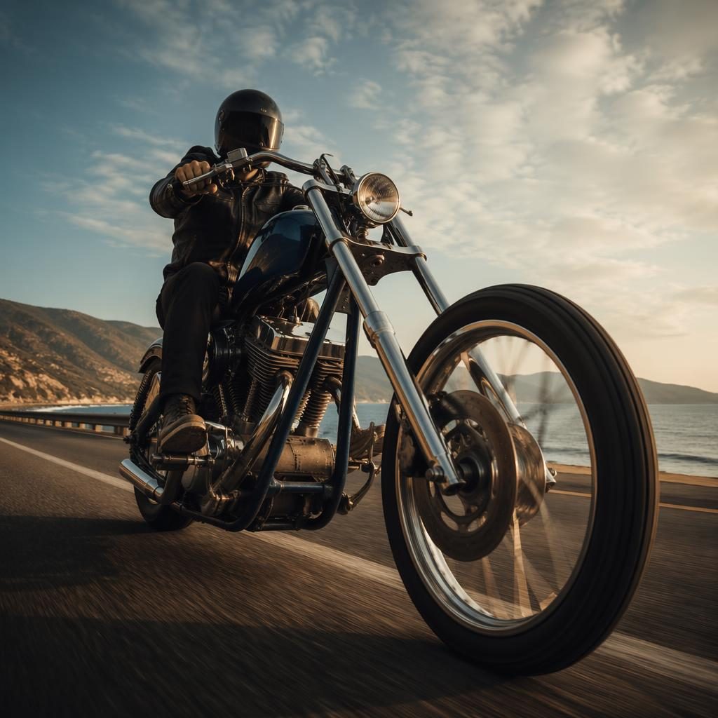 1970s-style unbranded chopper motorcycle with midnight blue tank shot low on a coastal highway at dusk