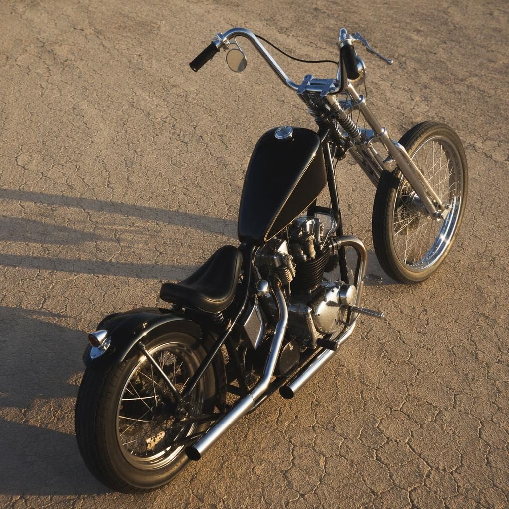 Overhead view of a black vintage-style motorcycle on desert flats with cinematic lighting and sharp metal reflections.