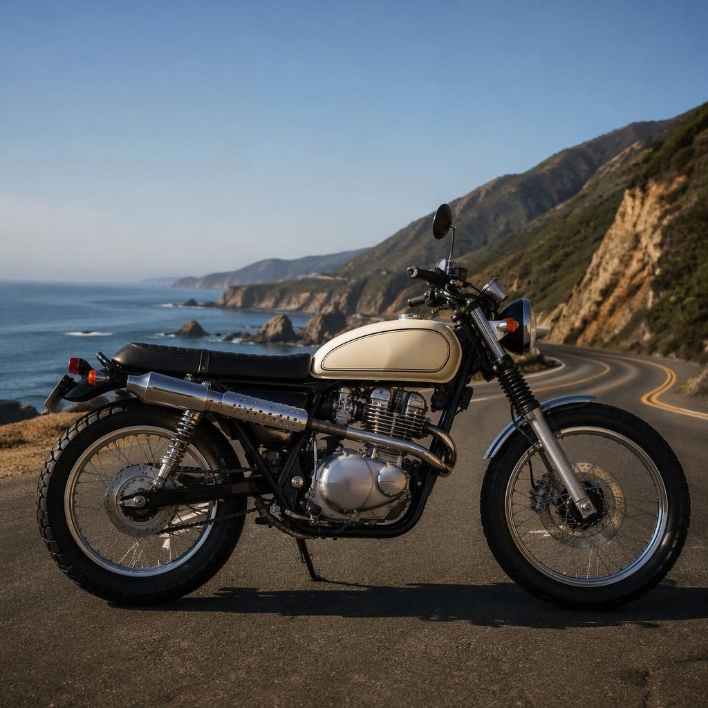 Side profile of a cream 1980s-style scrambler motorcycle on a coastal highway with cinematic lighting.