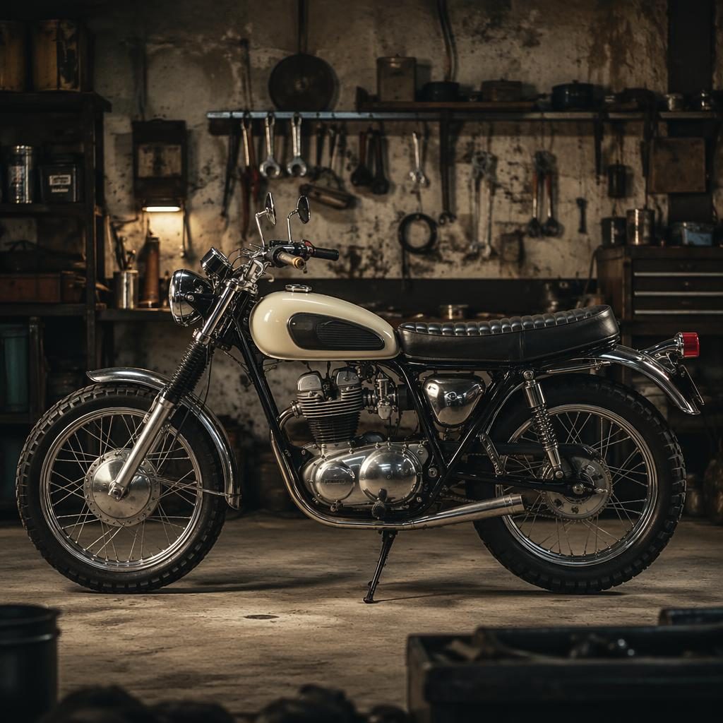 Ultra-realistic side view of a cream vintage standard motorcycle in a workshop garage with chrome details and cinematic lighting.