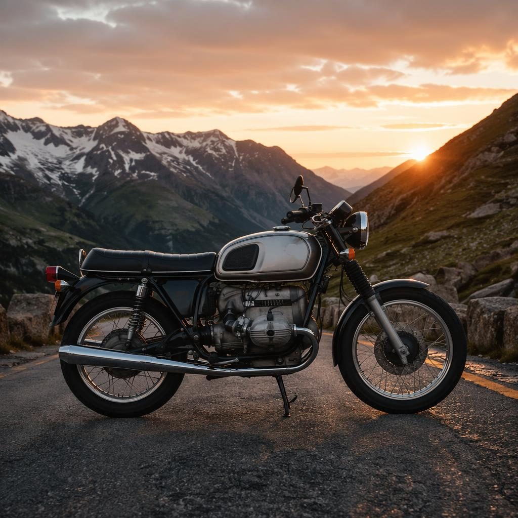 Klassisches Motorrad im Stil der 1970er mit silbernem Tank im Seitenprofil auf einer Bergstraße bei Dämmerung.