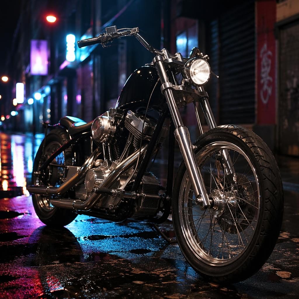 Ultra-realistic 1990s-style black chopper motorcycle in three-quarter front view on a neon-lit urban street