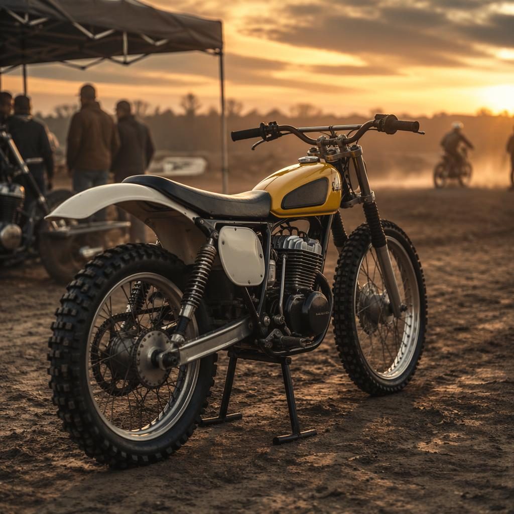 Ultra-realistic 1920s board track racer motorcycle with mustard yellow tank, rear three-quarter view in a race paddock