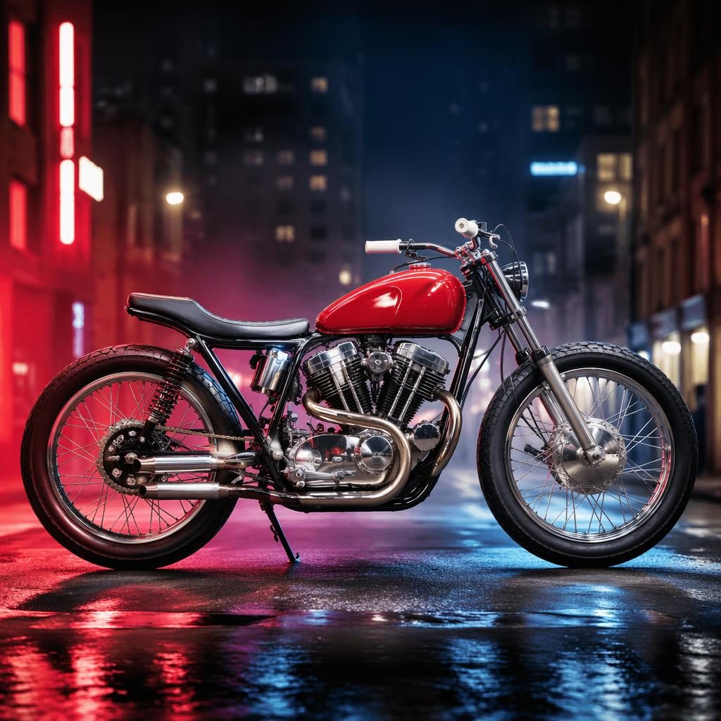 Side profile of a vintage red flat tracker motorcycle on a neon-lit urban street with cinematic poster lighting.