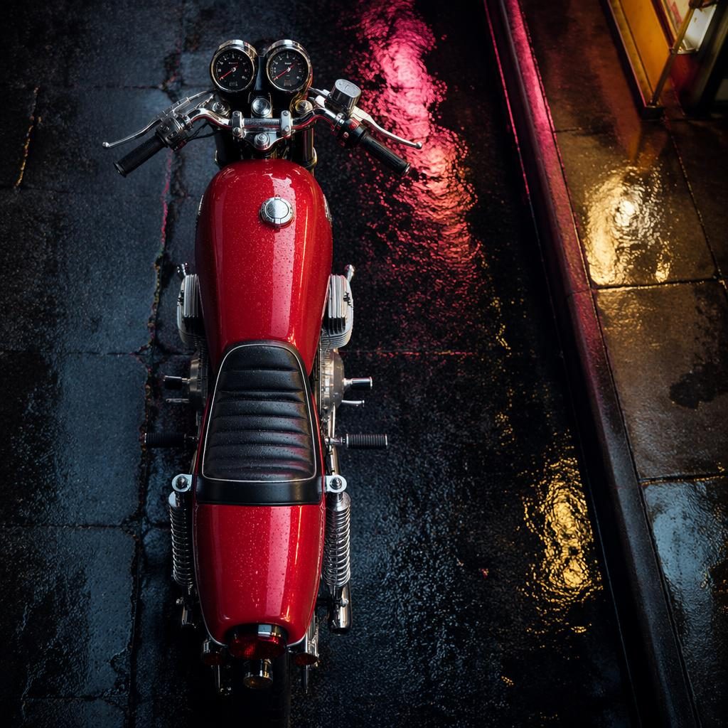 Červený motocykl cafe racer z 60. let focený shora v neonové městské ulici, s ostrými odlesky kovu.